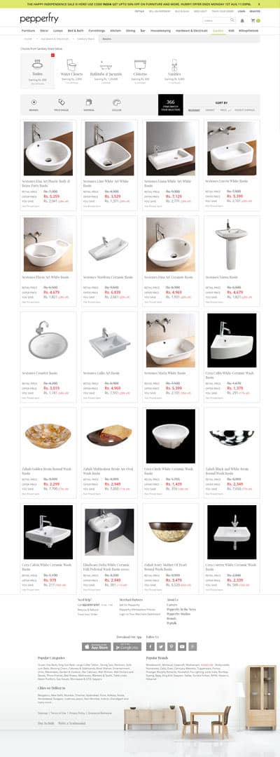 pepperfry furniture site selling sanitary ware online